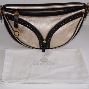 Authentic Versace Handbag Vintage Gold and Black Leather Gothic Luxury Purse Bag